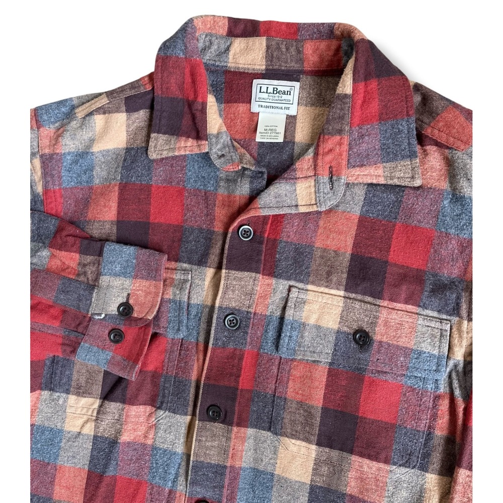 LL Bean Mens Flannel Shirt Medium Traditional Fit Plaid Red Blue Cotton 277981